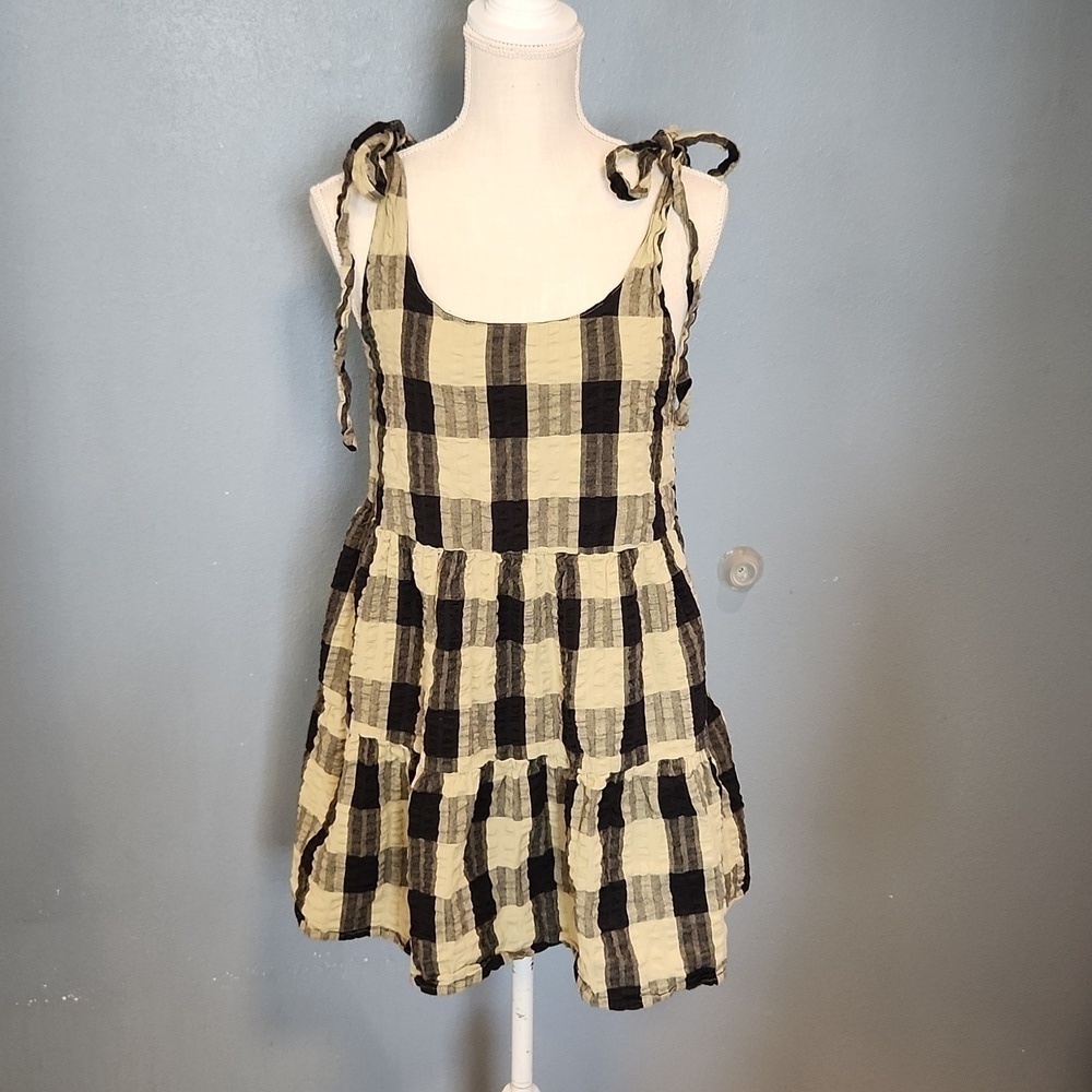 Asos gingham plaid bow tie pleated textured mini dress